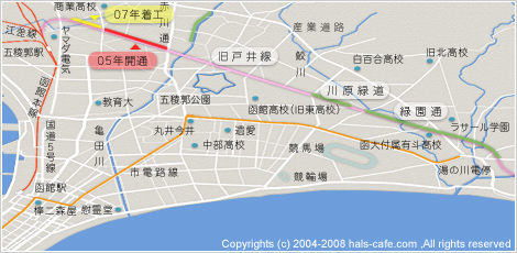 函館市街地の旧戸井線跡工事区間　2008年2月現在